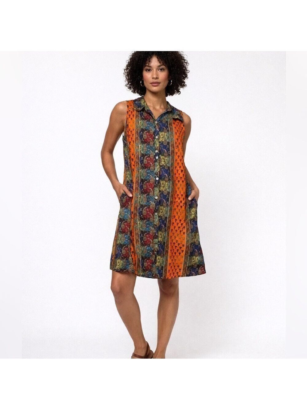 Bhag’s Boho Shirt Dress M/L Mixed Print Sleeveless Button Front Bohemian Paisley